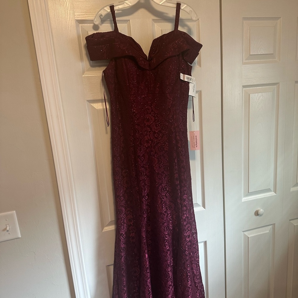 David's Bridal Burgundy Off-Shoulder Gown